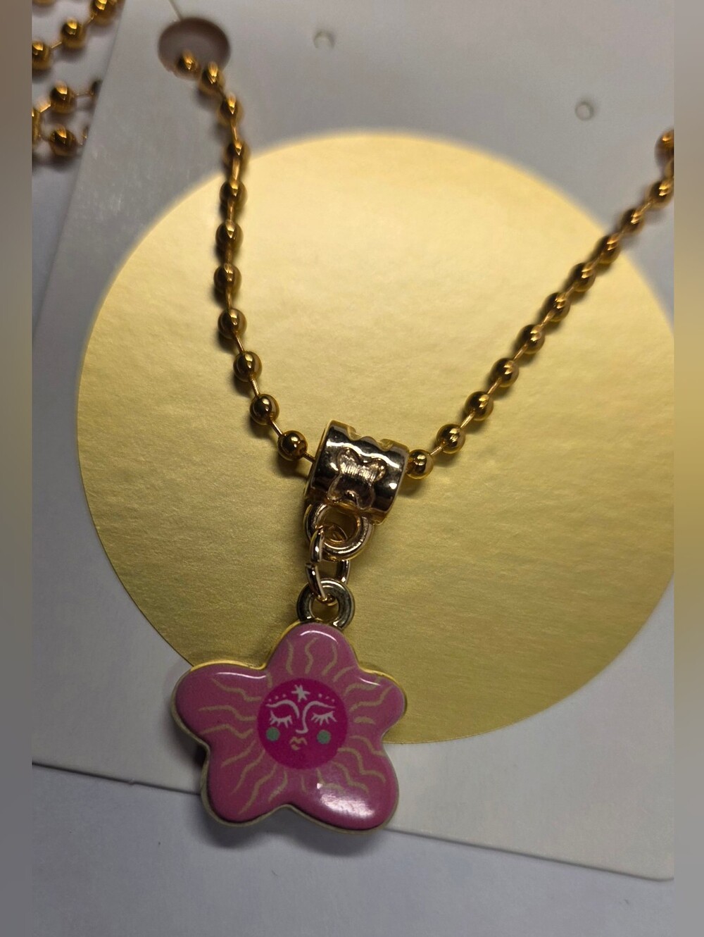 Kids Pink Sunflower Charm Necklace - Gold Tone